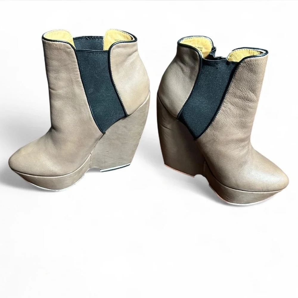L.A.M.B. Tan and Black Wedge Ankle Boots - Picture 3 of 9